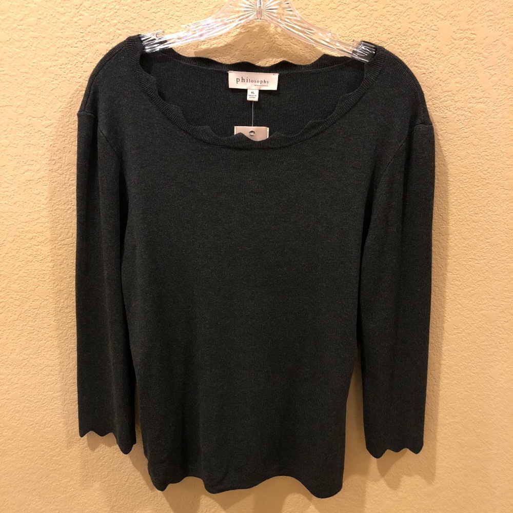 NWT Philosophy 3/4 Sleeve Gray Sweater with Scalloped Neck and Sleeves - Size XL